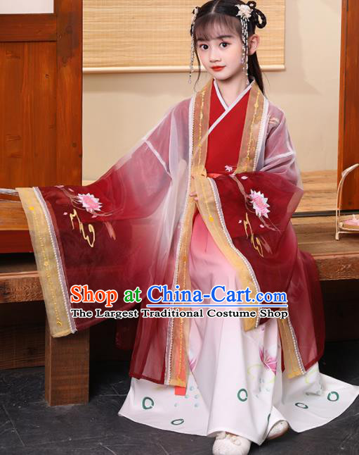 Chinese Ancient Girl Princess Garments Classical Dance Clothing Traditional Children Performance Red Hanfu Dress