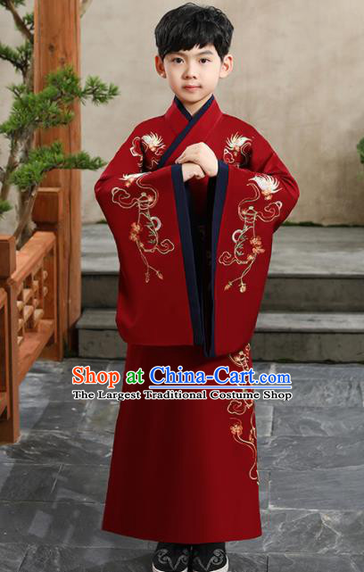 China Ming Dynasty Scholar Red Robe Traditional Boys Dance Performance Clothing Ancient Children Childe Garment Costume