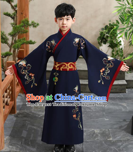 China Ancient Children Childe Garment Costume Ming Dynasty Scholar Navy Robe Traditional Boys Dance Performance Clothing