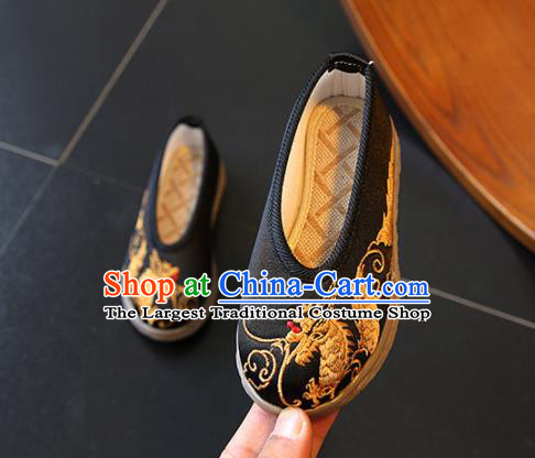 Chinese Boys Embroidered Dragon Shoes Ming Dynasty Black Cloth Shoes Traditional Children Hanfu Shoes