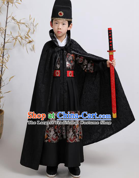 China Ming Dynasty Boys Clothing Ancient Children Swordsman Garment Costume Traditional Imperial Guards Black Feiyu Robe