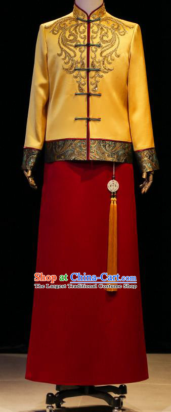 Chinese Tang Suit Embroidered Yellow Mandarin Jacket and Red Long Robe Ancient Bridegroom Clothing Traditional Wedding Male Uniforms