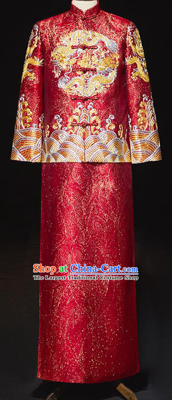 Chinese Tang Suit Embroidered Red Mandarin Jacket and Long Robe Ancient Bridegroom Clothing Traditional Wedding Male Xiuhe Uniforms