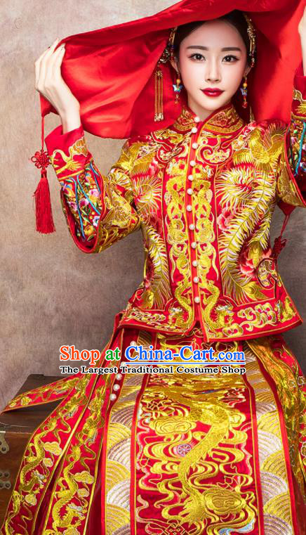 China Classical Red Xiuhe Suits Embroidered Dragon Phoenix Dress Bride Toast Clothing Traditional Wedding Garment Costumes