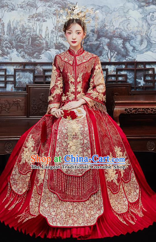 China Dark Red Xiuhe Suits Bride Embroidered Dress Traditional Toast Clothing Classical Wedding Garment Costumes