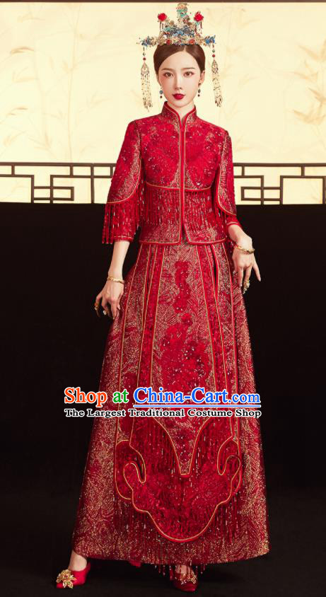 China Traditional Toast Clothing Classical Wedding Garment Costumes Red Xiuhe Suits Bride Embroidered Dress