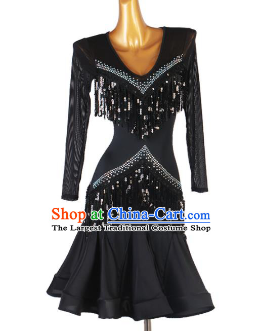 Professional Latin Dance Competition Costume Women Cha Cha Clothing Rumba Dance Black Tassel Dress Ballroom Dancing Fashion