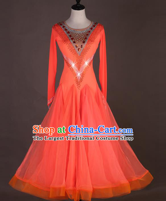 Professional Waltz Dance Competition Costume International Dancing Clothing Modern Dance Fashion Women Ballroom Dance Orange Dress