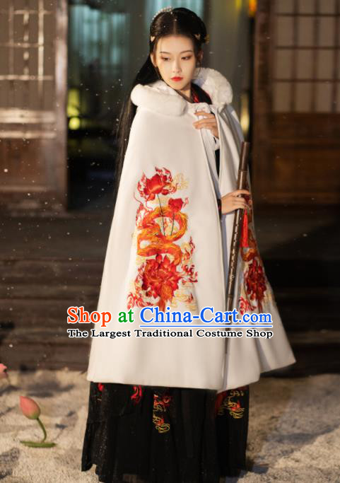 China Ancient Swordswoman Embroidered White Cloak Ming Dynasty Princess Historical Clothing Traditional Winter Hanfu Cape