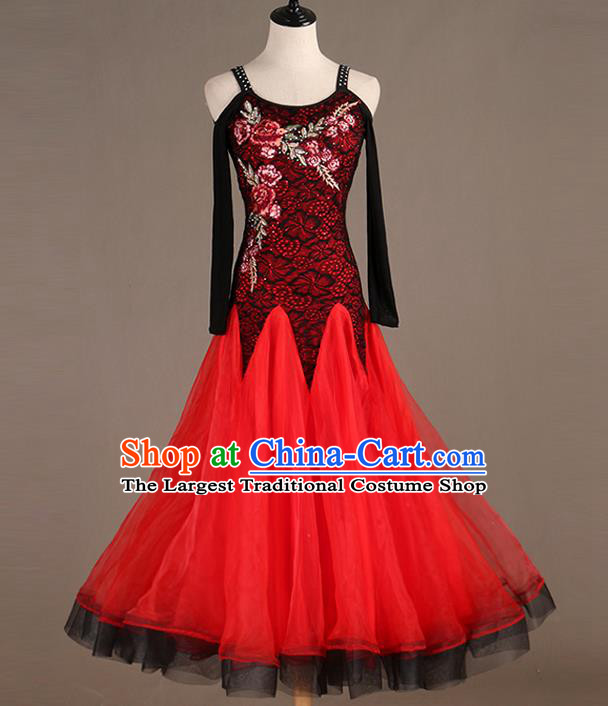 Professional Women Ballroom Dance Red Lace Dress Waltz Dance Competition Costume International Dancing Clothing Modern Dance Fashion