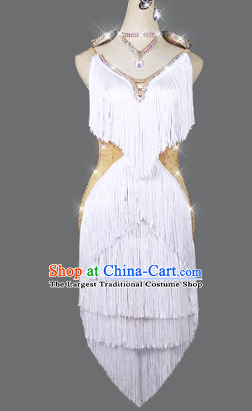 Professional Cha Cha Fashion Women Latin Dance Competition White Tassel Dress Dance Performance Costume Group Dancing Clothing