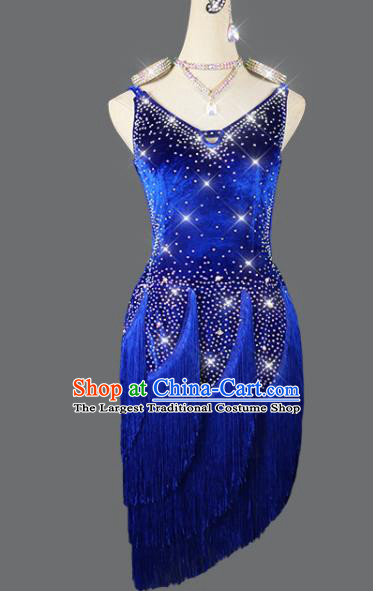 Professional Modern Dance Costume Women Group Dancing Clothing Cha Cha Fashion Latin Dance Competition Royalblue Tassel Dress