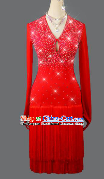 Professional Cha Cha Fashion Latin Dance Red Tassel Dress Modern Dance Costume Women Dancing Competition Clothing