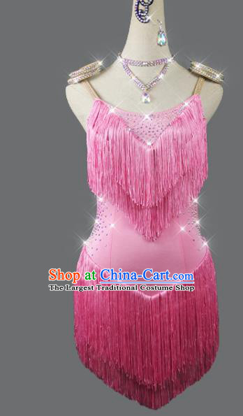 Professional Women Dancing Competition Clothing Cha Cha Sexy Fashion Latin Dance Pink Tassel Dress Modern Dance Costume