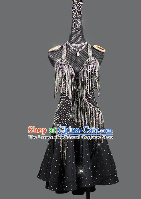 Professional Latin Dance Black Diamante Dress Modern Dance Costume Women Dancing Competition Clothing Cha Cha Sexy Fashion