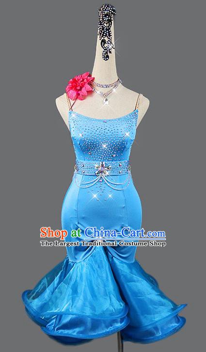 Professional Latin Dance Blue Dress Women Rumba Dance Competition Costume Cha Cha Dancing Fashion Clothing