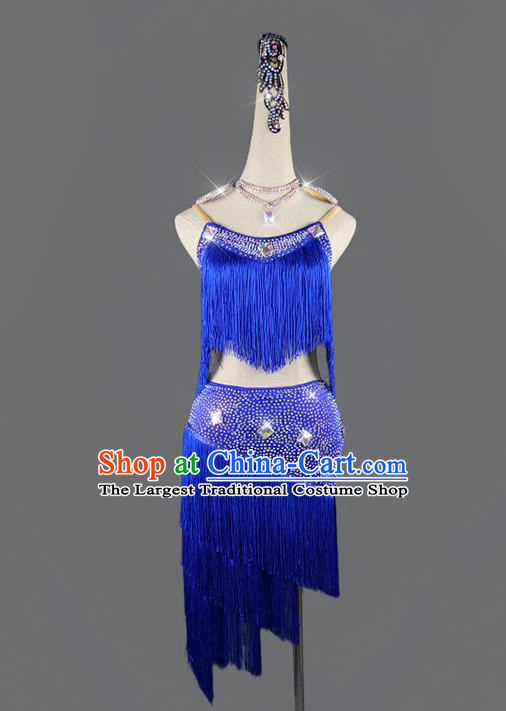 Professional Women Rumba Dance Costume Cha Cha Clothing Dancing Garments Latin Dance Competition Royalblue Tassel Uniforms