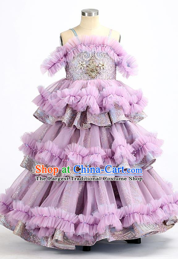 High Quality Stage Show Purple Full Dress Girl Catwalks Fashion Children Layered Dress Piano Performance Clothing