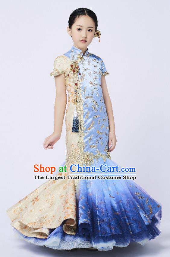 High Quality Girl Catwalks Fashion Children Blue Fishtail Dress Piano Performance Clothing Stage Show Full Dress