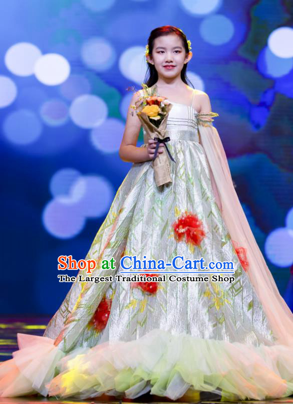 High Kid Birthday Trailing Full Dress Children Catwalks Light Green Dress Girl Stage Show Clothing Compere Garment Costume