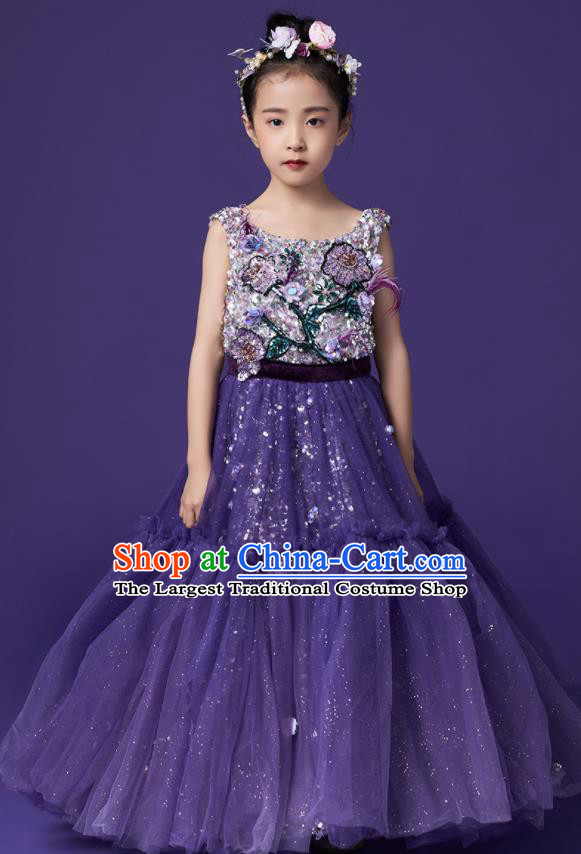 High Quality Girl Catwalks Purple Veil Full Dress Children Dancewear Chorus Compere Clothing Stage Show Fashion Dress