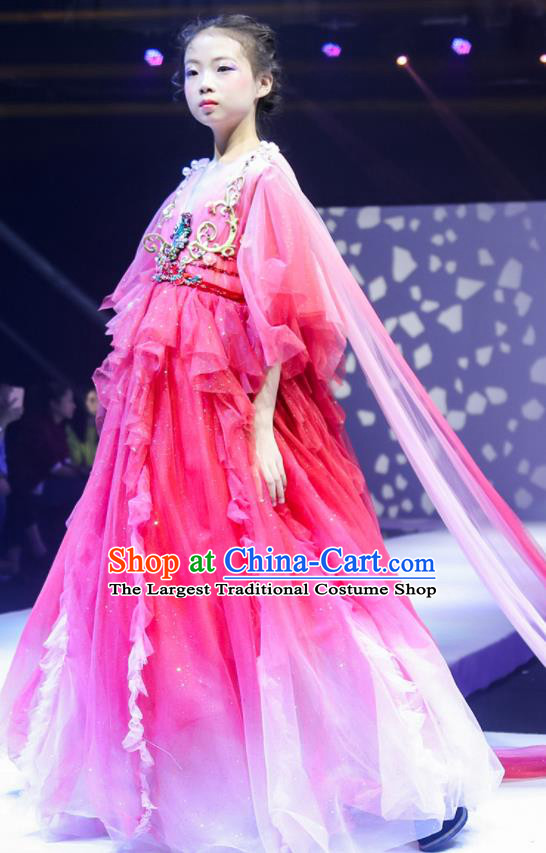 High Quality Stage Show Fashion Dress Girl Catwalks Red Full Dress Children Dancewear Chorus Compere Clothing