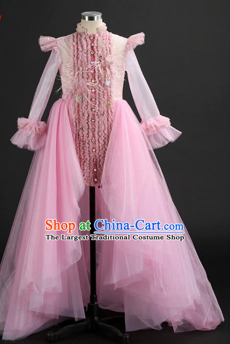 Custom Children Dancewear Girl Compere Fashion Clothing Stage Show Trailing Dress Catwalks Pink Veil Full Dress