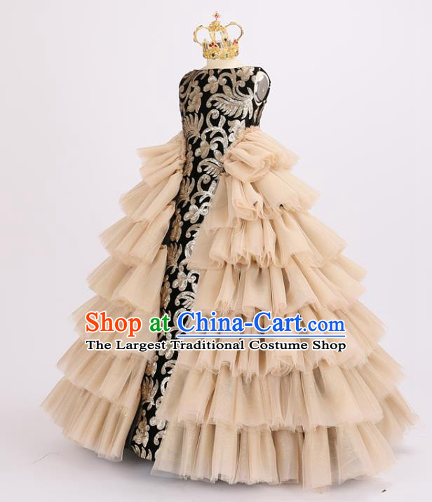 Custom Catwalks Baroque Full Dress Children Dancewear Girl Compere Fashion Clothing Stage Show Golden Dress