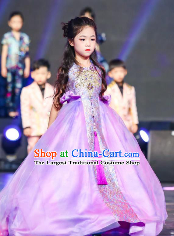 High Children Catwalks Violet Dress Girl Stage Show Clothing Baby Compere Garment Costume Kid Birthday Trailing Full Dress