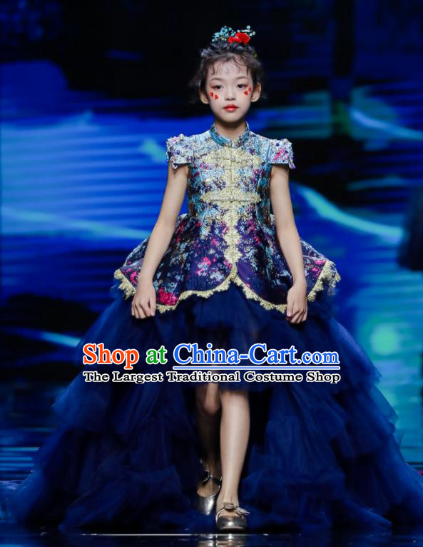 High Kid Birthday Trailing Full Dress Children Catwalks Navy Veil Dress Girl Stage Show Clothing Compere Garment Costume