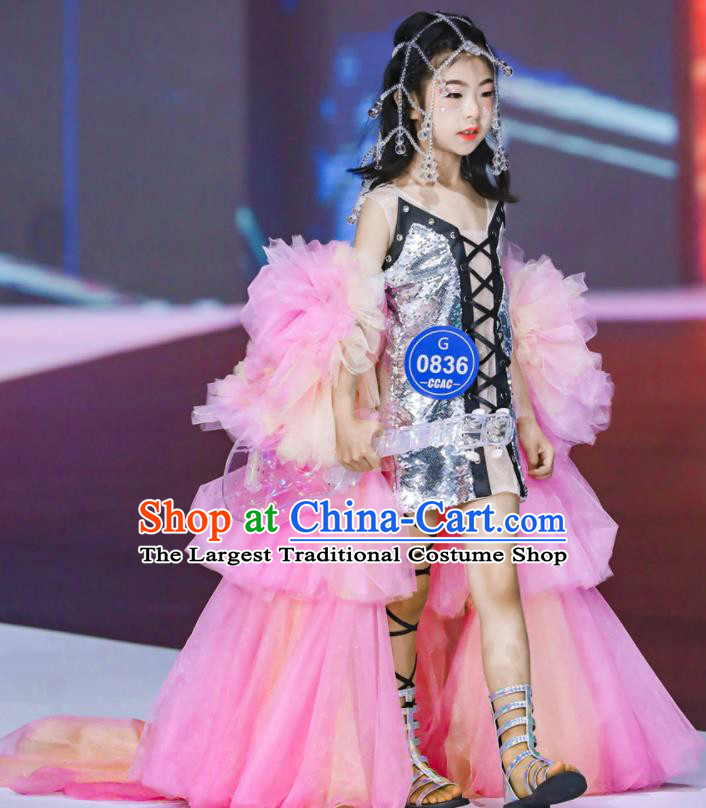 High Girl Catwalks Clothing Compere Garment Costume Stage Show Full Dress Children Dance Pink Dress