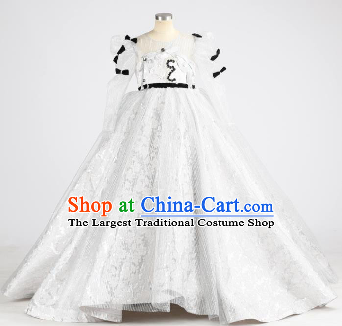 High Kid Performance Full Dress Children Catwalks White Trailing Dress Girl Stage Show Clothing Chorus Garment Costume