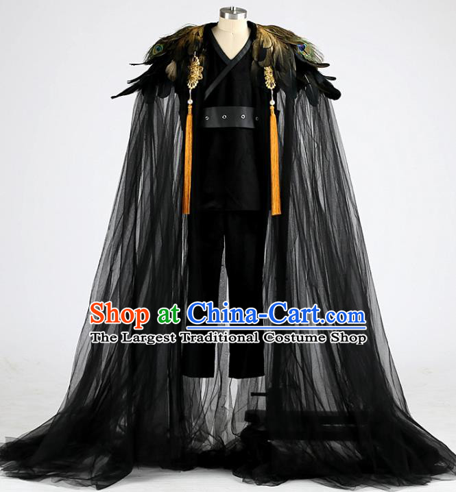 Top China Children Dance Performance Feather Apparels Boys Stage Show Suits Kid Catwalks Black Cape Uniforms