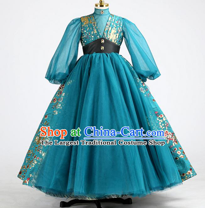 High Children Performance Blue Dress Baby Compere Garment Costume Stage Show Full Dress Girl Catwalks Clothing