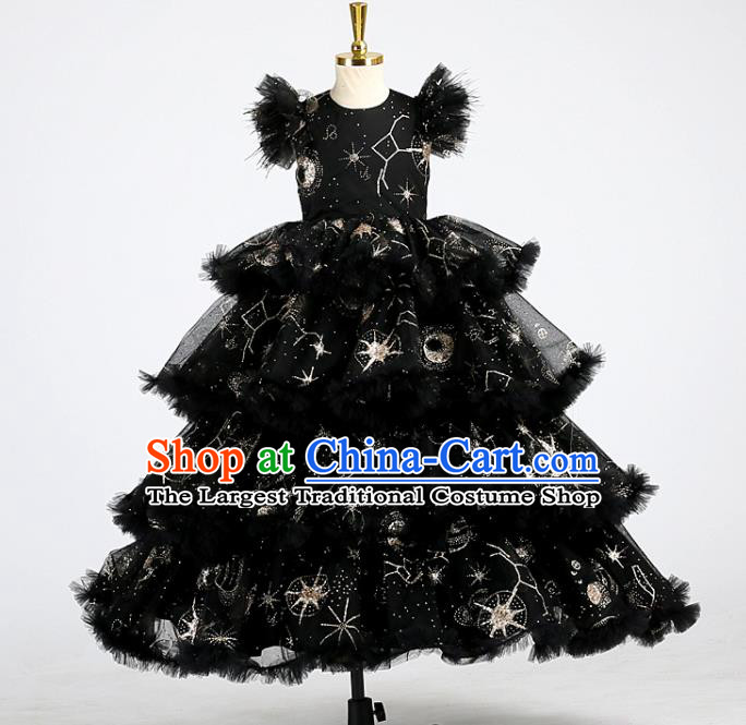 High Girl Catwalks Clothing Children Performance Black Dress Baby Compere Garment Costume Stage Show Full Dress