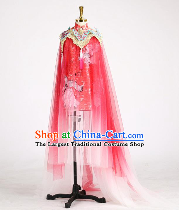 High Stage Show Red Full Dress Girl Chorus Clothing Children Performance Qipao Dress Catwalks Garment Costume