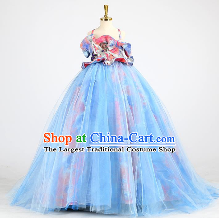 High Girl Model Performance Clothing Children Compere Garments Catwalks Formal Costume Stage Show Blue Veil Full Dress