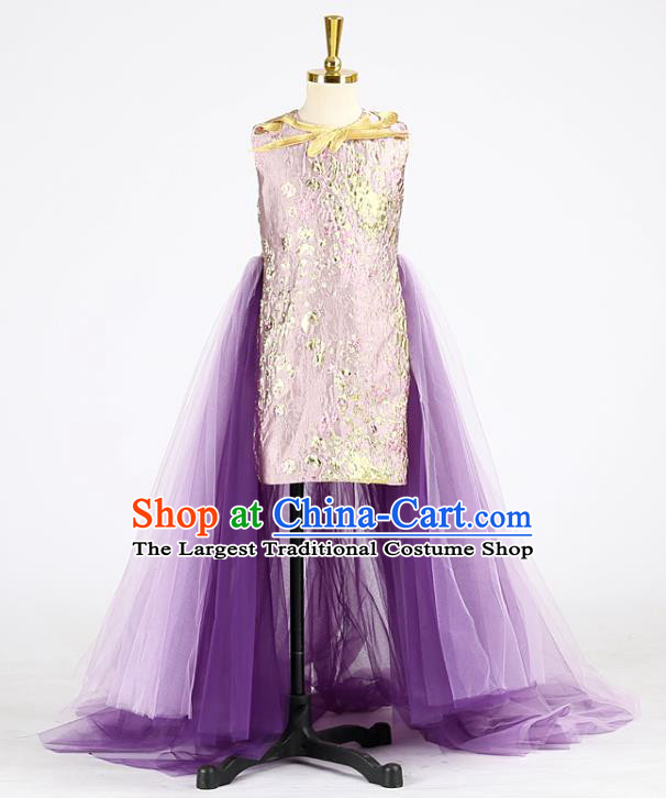 High Children Compere Garments China Catwalks Formal Costume Stage Show Purple Full Dress Girl Model Performance Clothing