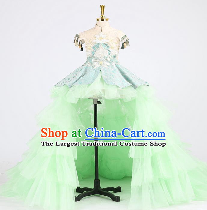 High Stage Show Green Veil Full Dress Girl Model Performance Clothing Children Compere Garments Catwalks Formal Costume