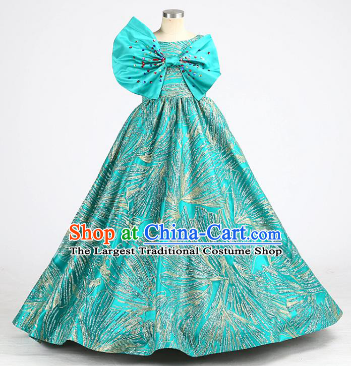 High Stage Show Full Dress Children Compere Green Bowknot Long Dress Girl Catwalks Clothing Chorus Garment Costume