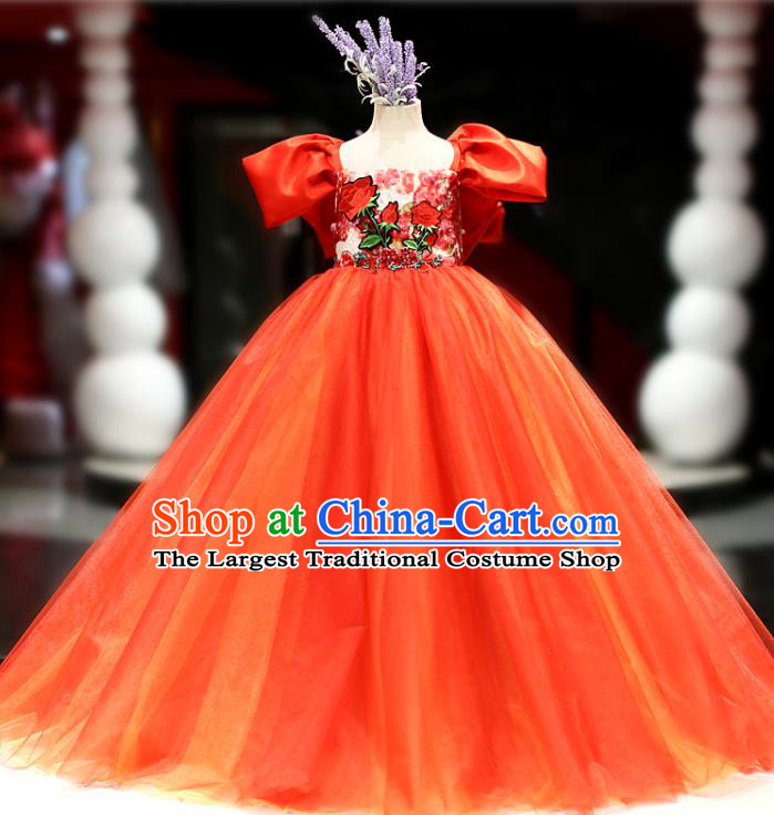 High Girl Princess Formal Costume Stage Show Embroidered Red Full Dress Kid Catwalks Clothing Children Performance Garments