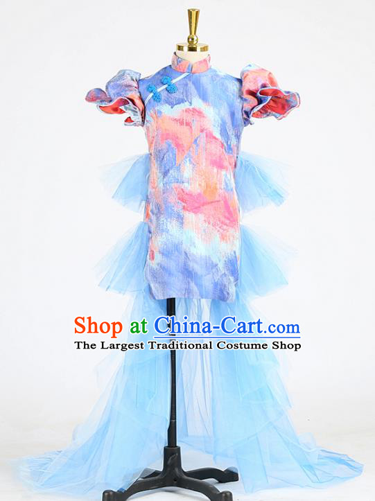 High Girl Catwalks Clothing Children Compere Garments Chorus Formal Costume Stage Show Blue Full Dress