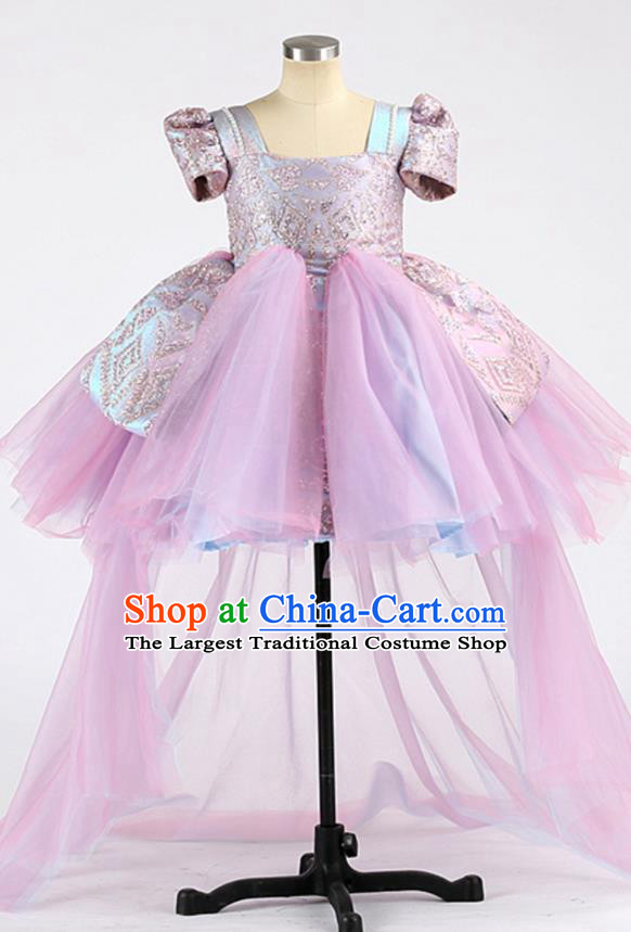 High Children Performance Lilac Dress Girl Compere Clothing Stage Show Princess Full Dress Kid Catwalks Fashion