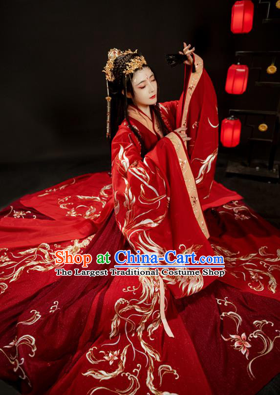 China Ancient Wedding Red Hanfu Dress Jin Dynasty Royal Princess Clothing Traditional Historical Garments Full Set