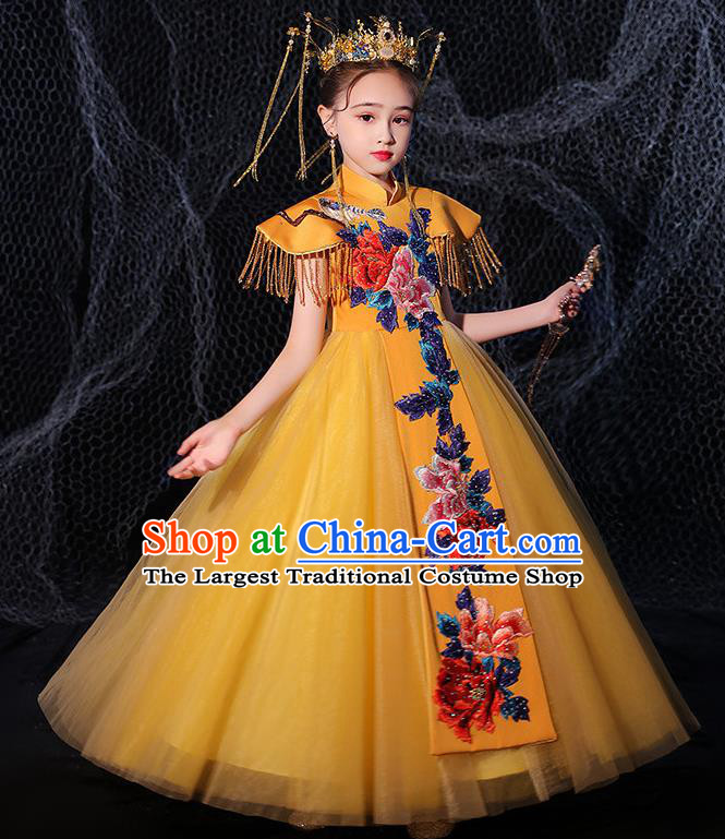 China Children Dance Wear Embroidered Yellow Dress Girl Catwalks Clothing Stage Performance Garment Costume