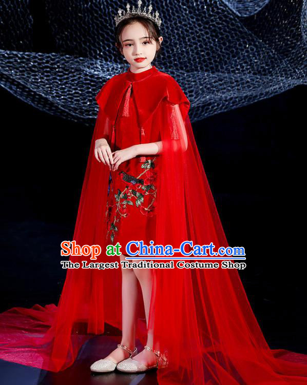 China Girl Catwalks Clothing Stage Performance Garment Costume Children Dance Wear Embroidered Red Dress