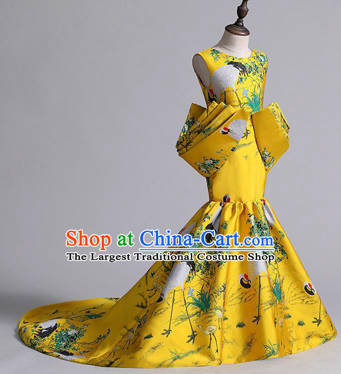 China Printing Crane Yellow Trailing Dress Girl Catwalks Clothing Stage Performance Garment Costume Children Dance Wear