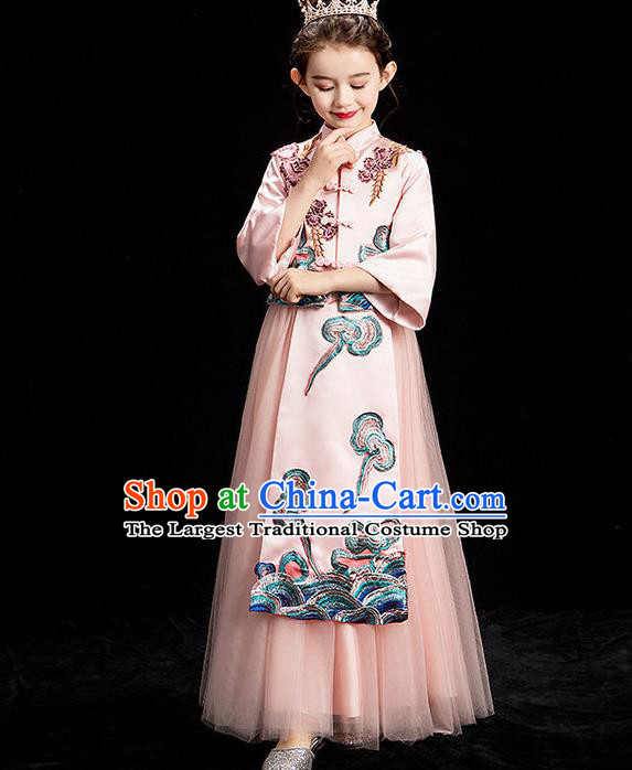 China Girl Catwalks Pink Formal Dress Stage Performance Clothing Children Classical Xiuhe Suits Compere Garment Costume