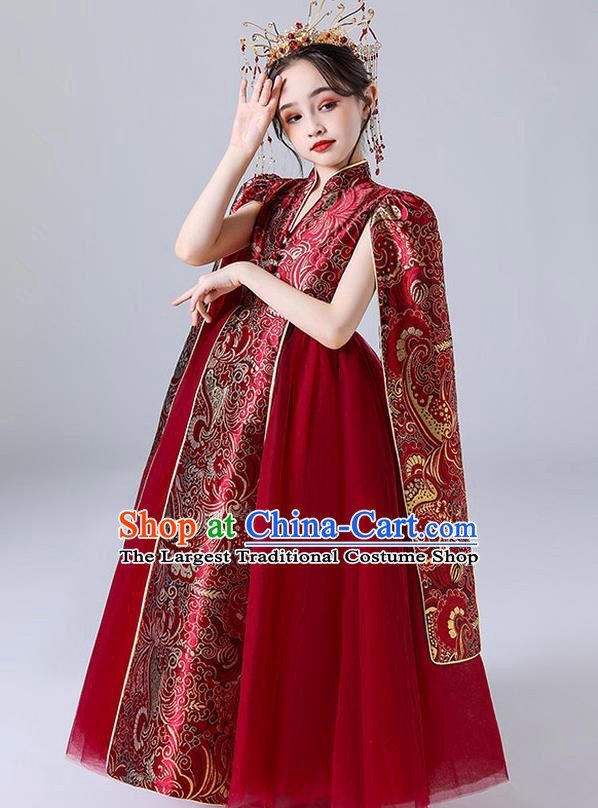 Custom Children Dancewear Girl Compere Fashion Clothing Stage Show Red Long Dress Catwalks Princess Full Dress