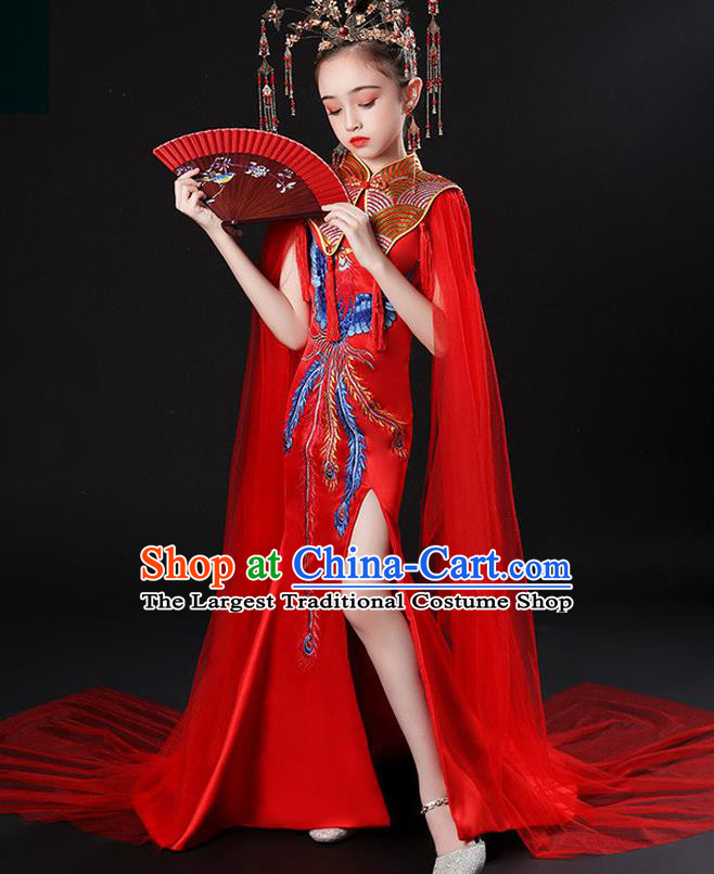 China Children Classical Red Embroidered Phoenix Uniforms Compere Garment Costume Girl Catwalks Formal Dress Stage Performance Clothing